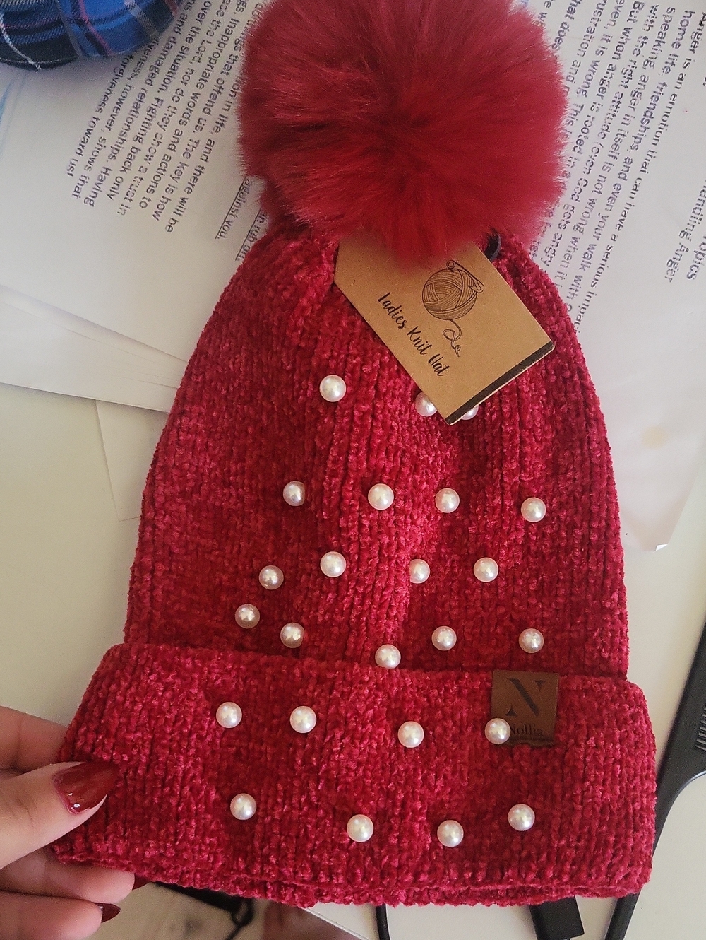 Red Pom Pom Beanie Hat with Pearls